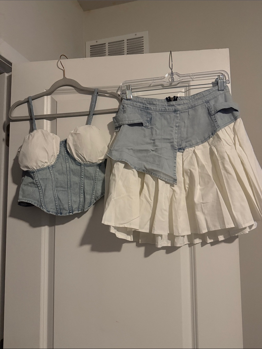 Light Blue Denim and White Two-Tone Tennis Skirt Set-Women's